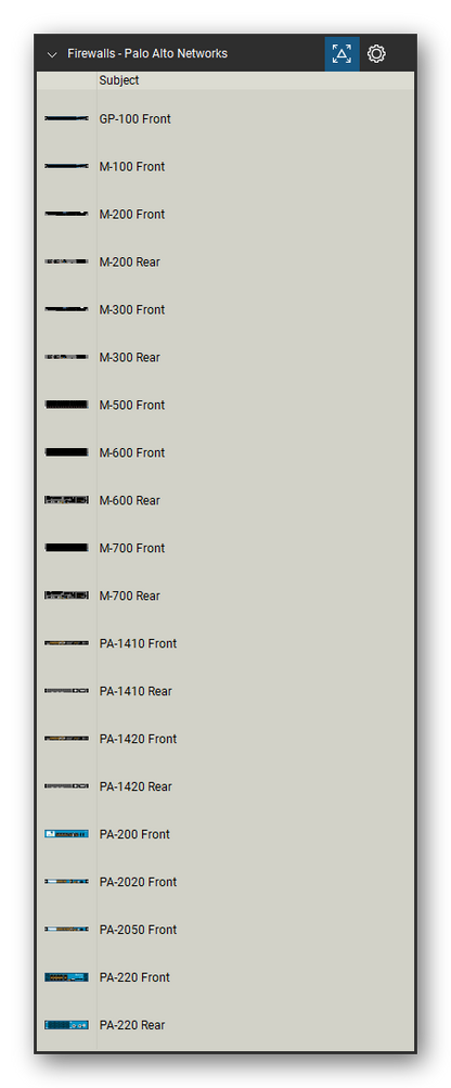 Firewalls & Security Appliances tool set for Bluebeam Revu, Palo Alto Networks set (tools 1-20 of 137) - 20 views of 13 devices, front and rear: GP-100, M-100, M-200, M-300, M-500, M-600, M-700, PA-1410, PA-1420, PA-200 and 3 more. Tool Chest in Detail view, one row per tool with its name.