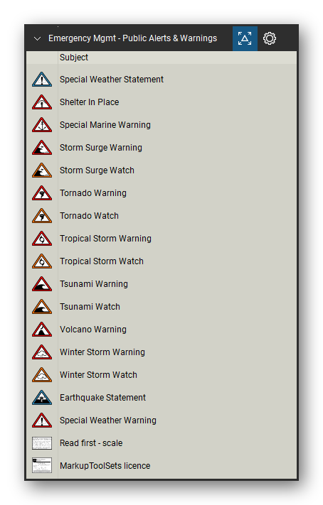 Incident & Emergency Management tool set for Bluebeam Revu, Public Alerts & Warnings set (tools 36-51 of 51) - 16 tools: Special Weather Statement, Shelter In Place, Special Marine Warning, Storm Surge Warning, Storm Surge Watch, Tornado Warning, Tornado Watch, Tropical Storm Warning, Tropical Storm Watch, Tsunami Warning and 6 more. Tool Chest in Detail view, one row per tool with its name.