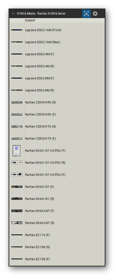 KVM, Console Servers & Media Converters tool set for Bluebeam Revu, Raritan KVM & Serial set (tools 21-40 of 152) - 20 views of 10 devices, front, rear and top: Legrand DSX2-16M, Legrand DSX2-4M, Legrand DSX2-8M, Raritan C5R-DVI-RX, Raritan C5R-DVI-TX, Raritan DKX2-101-V2-PDU, Raritan DKX4-101, Raritan DKX4-UST, Raritan EZ-116 and Raritan EZ-108. Tool Chest in Detail view, one row per tool with its name.