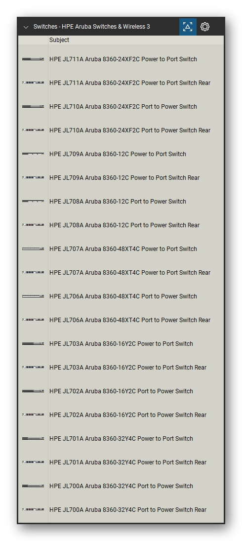 Network Switches & Routers tool set for Bluebeam Revu, HPE Aruba Switches & Wireless 3 set (tools 1-20 of 176) - 20 views of 10 devices, rear: HPE JL711A Aruba 8360-24XF2C Power to Port, HPE JL710A Aruba 8360-24XF2C Port to Power, HPE JL709A Aruba 8360-12C Power to Port, HPE JL708A Aruba 8360-12C Port to Power, HPE JL707A Aruba 8360-48XT4C Power to Port, HPE JL706A Aruba 8360-48XT4C Port to Power, HPE JL703A Aruba 8360-16Y2C Power to Port and more. Tool Chest in Detail view, one row per tool with its name.