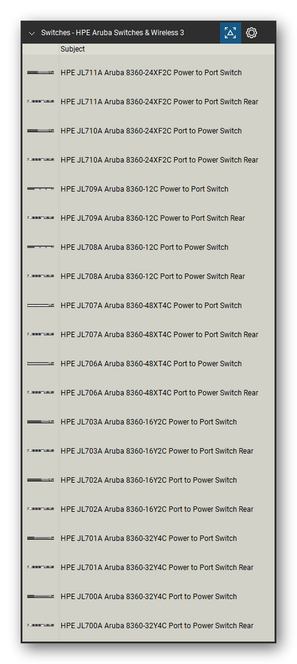 Network Switches & Routers tool set for Bluebeam Revu, HPE Aruba Switches & Wireless 3 set (tools 1-20 of 176) - 20 views of 10 devices, rear: HPE JL711A Aruba 8360-24XF2C Power to Port, HPE JL710A Aruba 8360-24XF2C Port to Power, HPE JL709A Aruba 8360-12C Power to Port, HPE JL708A Aruba 8360-12C Port to Power, HPE JL707A Aruba 8360-48XT4C Power to Port, HPE JL706A Aruba 8360-48XT4C Port to Power, HPE JL703A Aruba 8360-16Y2C Power to Port and more. Tool Chest in Detail view, one row per tool with its name.