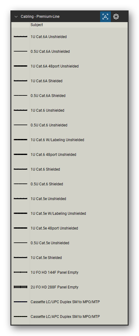 Patch Panels, Fiber & Outlets tool set for Bluebeam Revu, Premium-Line set (tools 1-20 of 105) - 20 tools: 1U Cat.6A Unshielded, 0.5U Cat.6A Unshielded, 1U Cat.6A 48port Unshielded, 1U Cat.6A Shielded, 0.5U Cat.6A Shielded, 1U Cat.6 Unshielded, 0.5U Cat.6 Unshielded, 1U Cat.6 W/Labeling Unshielded, 1U Cat.6 48port Unshielded, 1U Cat.6 Shielded and 10 more. Tool Chest in Detail view, one row per tool with its name.
