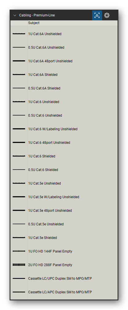 Patch Panels, Fiber & Outlets tool set for Bluebeam Revu, Premium-Line set (tools 1-20 of 105) - 20 tools: 1U Cat.6A Unshielded, 0.5U Cat.6A Unshielded, 1U Cat.6A 48port Unshielded, 1U Cat.6A Shielded, 0.5U Cat.6A Shielded, 1U Cat.6 Unshielded, 0.5U Cat.6 Unshielded, 1U Cat.6 W/Labeling Unshielded, 1U Cat.6 48port Unshielded, 1U Cat.6 Shielded and 10 more. Tool Chest in Detail view, one row per tool with its name.