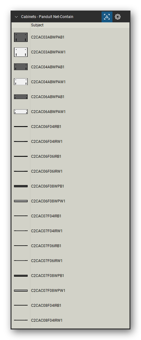 Racks, Cabinets & Cable Pathways tool set for Bluebeam Revu, Panduit Net-Contain set (tools 1-20 of 85) - 20 tools: C2CAC03ABWPAB1, C2CAC03ABWPAW1, C2CAC04ABWPAB1, C2CAC04ABWPAW1, C2CAC06ABWPAB1, C2CAC06ABWPAW1, C2CAC06F04IRB1, C2CAC06F04IRW1, C2CAC06F06IRB1, C2CAC06F06IRW1 and 10 more. Tool Chest in Detail view, one row per tool with its name.