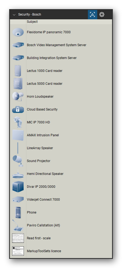 Security & Surveillance tool set for Bluebeam Revu, Bosch set (tools 54-69 of 69) - 16 tools: Flexidome IP panoramic 7000, Bosch Video Management System Server, Building Integration System Server, Lectus 1000 Card reader, Lectus 5000 Card reader, Horn Loudspeaker, Cloud Based Security, MIC IP 7000 HD, AMAX Intrusion Panel, LineArray Speaker and 6 more. Tool Chest in Detail view, one row per tool with its name.
