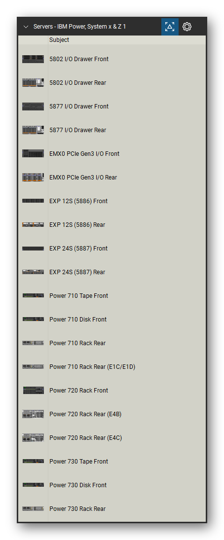 Servers tool set for Bluebeam Revu, IBM Power, System x & Z 1 set (tools 1-20 of 185) - 20 views of 15 devices, front and rear: 5802 I/O Drawer, 5877 I/O Drawer, EMX0 PCIe Gen3 I/O, EXP 12S (5886), EXP 24S (5887), Power 710 Tape, Power 710 Disk, Power 710 Rack, Power 710 Rack Rear (E1C/E1D), Power 720 Rack and 5 more. Tool Chest in Detail view, one row per tool with its name.