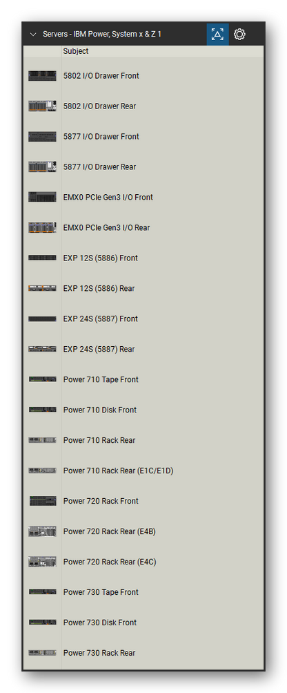Servers tool set for Bluebeam Revu, IBM Power, System x & Z 1 set (tools 1-20 of 185) - 20 views of 15 devices, front and rear: 5802 I/O Drawer, 5877 I/O Drawer, EMX0 PCIe Gen3 I/O, EXP 12S (5886), EXP 24S (5887), Power 710 Tape, Power 710 Disk, Power 710 Rack, Power 710 Rack Rear (E1C/E1D), Power 720 Rack and 5 more. Tool Chest in Detail view, one row per tool with its name.
