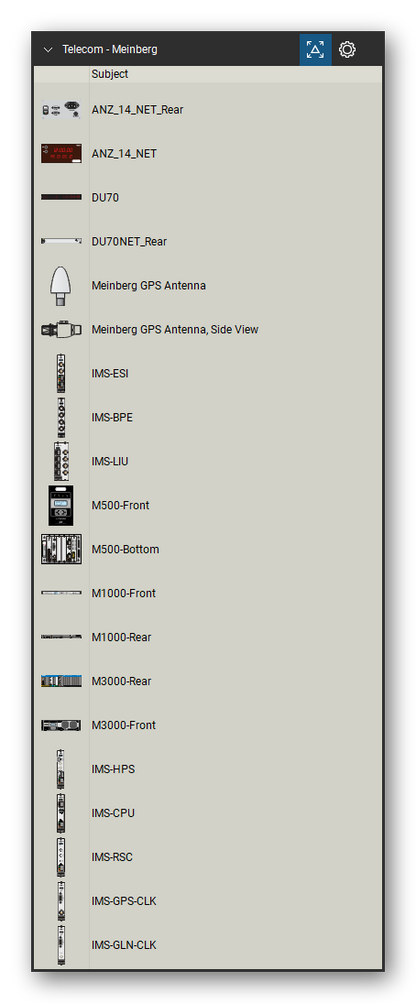 Telecom, Voice & Wireless tool set for Bluebeam Revu, Meinberg set (tools 1-20 of 54) - 20 views of 16 devices, front, rear, side and bottom: ANZ_14_NET_Rear, ANZ_14_NET, DU70, DU70NET_Rear, Meinberg GPS Antenna, IMS-ESI, IMS-BPE, IMS-LIU, M500, M1000 and 6 more. Tool Chest in Detail view, one row per tool with its name.