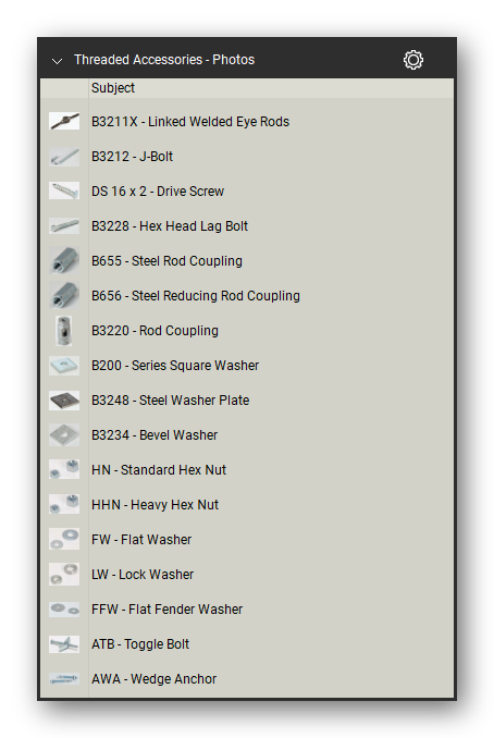 Threaded accessories product photographs in the Pipe Hangers and Supports Takeoff & Estimating Bluebeam... (sheet 2 of 2)