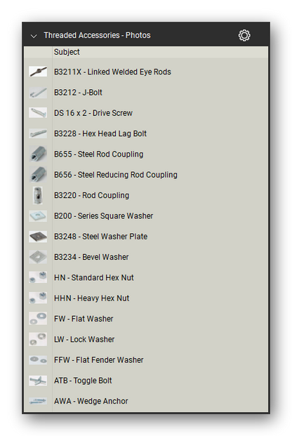 Threaded accessories product photographs in the Pipe Hangers and Supports Takeoff & Estimating Bluebeam... (sheet 2 of 2)