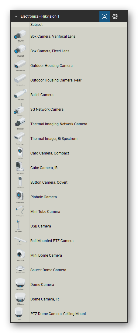 Automation & Electronics tool set for Bluebeam Revu, Hikvision 1 set (tools 1-20 of 188) - 20 views of 19 devices, rear: Box Camera, Varifocal Lens, Box Camera, Fixed Lens, Outdoor Housing Camera, Bullet Camera, 3G Network Camera, Thermal Imaging Network Camera, Thermal Imager, Bi-Spectrum, Card Camera, Compact, Cube Camera, IR, Button Camera, Covert and 9 more. Tool Chest in Detail view, one row per tool with its name.