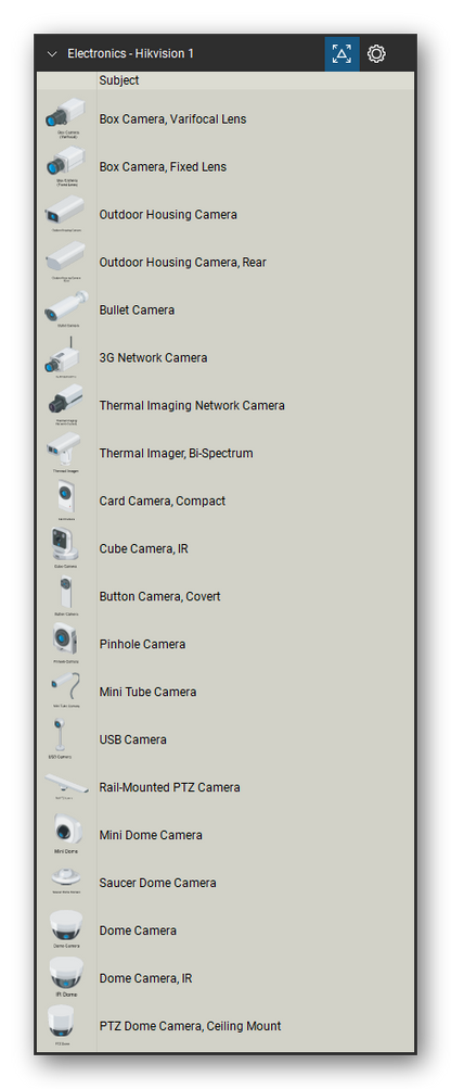 Automation & Electronics tool set for Bluebeam Revu, Hikvision 1 set (tools 1-20 of 188) - 20 views of 19 devices, rear: Box Camera, Varifocal Lens, Box Camera, Fixed Lens, Outdoor Housing Camera, Bullet Camera, 3G Network Camera, Thermal Imaging Network Camera, Thermal Imager, Bi-Spectrum, Card Camera, Compact, Cube Camera, IR, Button Camera, Covert and 9 more. Tool Chest in Detail view, one row per tool with its name.