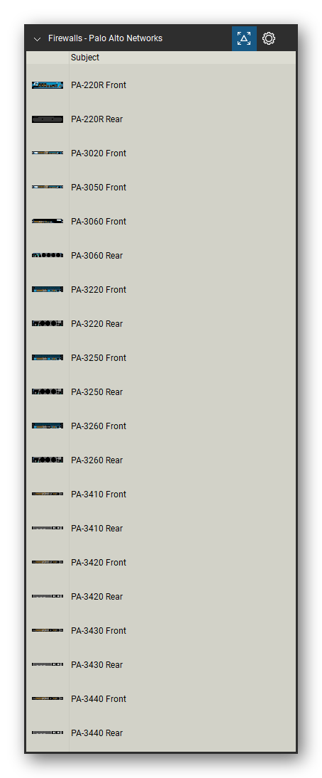 Firewalls & Security Appliances tool set for Bluebeam Revu, Palo Alto Networks set (tools 21-40 of 137) - 20 views of 11 devices, front and rear: PA-220R, PA-3020, PA-3050, PA-3060, PA-3220, PA-3250, PA-3260, PA-3410, PA-3420, PA-3430 and 1 more. Tool Chest in Detail view, one row per tool with its name.