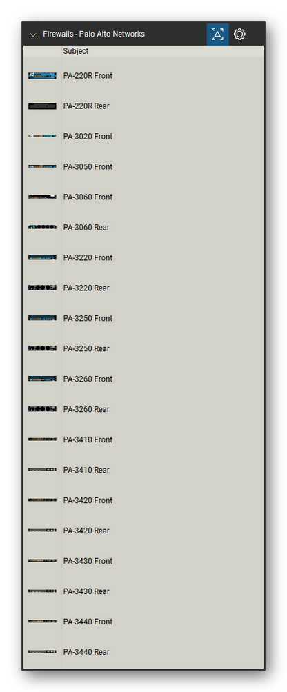 Firewalls & Security Appliances tool set for Bluebeam Revu, Palo Alto Networks set (tools 21-40 of 137) - 20 views of 11 devices, front and rear: PA-220R, PA-3020, PA-3050, PA-3060, PA-3220, PA-3250, PA-3260, PA-3410, PA-3420, PA-3430 and 1 more. Tool Chest in Detail view, one row per tool with its name.