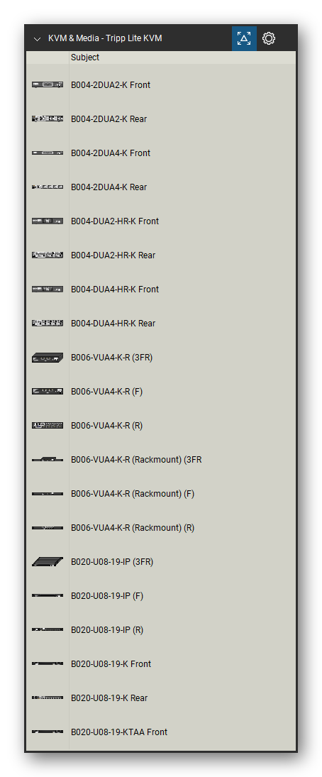 KVM, Console Servers & Media Converters tool set for Bluebeam Revu, Tripp Lite KVM set (tools 1-20 of 105) - 20 views of 10 devices, front, rear and isometric: B004-2DUA2-K, B004-2DUA4-K, B004-DUA2-HR-K, B004-DUA4-HR-K, B006-VUA4-K-R, B006-VUA4-K-R (Rackmount) (3FR, B006-VUA4-K-R (Rackmount), B020-U08-19-IP, B020-U08-19-K and B020-U08-19-KTAA. Tool Chest in Detail view, one row per tool with its name.