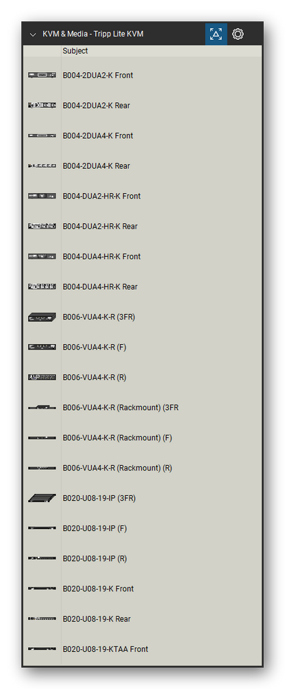 KVM, Console Servers & Media Converters tool set for Bluebeam Revu, Tripp Lite KVM set (tools 1-20 of 105) - 20 views of 10 devices, front, rear and isometric: B004-2DUA2-K, B004-2DUA4-K, B004-DUA2-HR-K, B004-DUA4-HR-K, B006-VUA4-K-R, B006-VUA4-K-R (Rackmount) (3FR, B006-VUA4-K-R (Rackmount), B020-U08-19-IP, B020-U08-19-K and B020-U08-19-KTAA. Tool Chest in Detail view, one row per tool with its name.