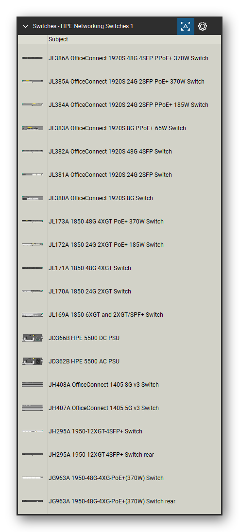 Network Switches & Routers tool set for Bluebeam Revu, HPE Networking Switches 1 set (tools 1-20 of 337) - 20 views of 18 devices, rear: JL386A OfficeConnect 1920S 48G 4SFP PPoE+, JL385A OfficeConnect 1920S 24G 2SFP PoE+, JL384A OfficeConnect 1920S 24G 2SFP PPoE+, JL383A OfficeConnect 1920S 8G PPoE+ 65W, JL382A OfficeConnect 1920S 48G 4SFP Switch, JL381A OfficeConnect 1920S 24G 2SFP Switch, JL380A OfficeConnect 1920S 8G Switch and more. Tool Chest in Detail view, one row per tool with its name.