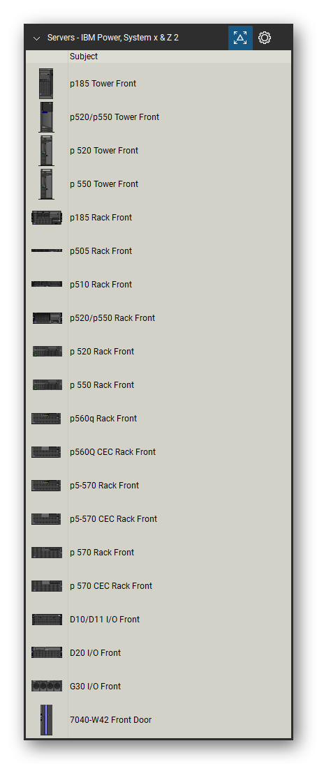 Servers tool set for Bluebeam Revu, IBM Power, System x & Z 2 set (tools 1-20 of 203) - 20 tools: p185 Tower, p520/p550 Tower, p 520 Tower, p 550 Tower, p185 Rack, p505 Rack, p510 Rack, p520/p550 Rack, p 520 Rack, p 550 Rack and 10 more. Tool Chest in Detail view, one row per tool with its name.