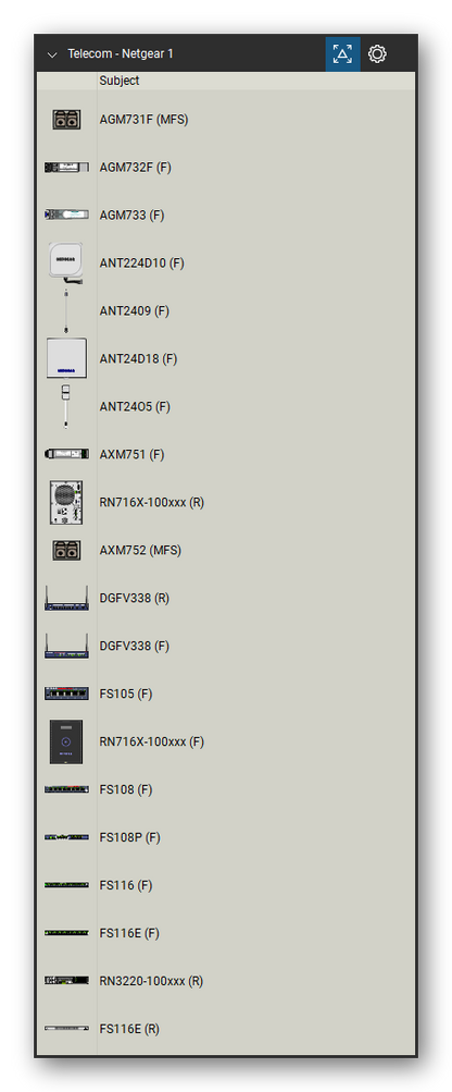 Telecom, Voice & Wireless tool set for Bluebeam Revu, Netgear 1 set (tools 1-20 of 202) - 20 views of 17 devices, front and rear: AGM731F (MFS), AGM732F, AGM733, ANT224D10, ANT2409, ANT24D18, ANT24O5, AXM751, RN716X-100xxx, AXM752 (MFS) and 7 more. Tool Chest in Detail view, one row per tool with its name.