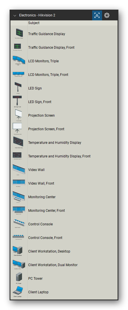 Automation & Electronics tool set for Bluebeam Revu, Hikvision 2 set (tools 1-20 of 188) - 20 views of 12 devices, front: Traffic Guidance Display, LCD Monitors, Triple, LED Sign, Projection Screen, Temperature and Humidity Display, Video Wall, Monitoring Center, Control Console, Client Workstation, Desktop, Client Workstation, Dual Monitor and 2 more. Tool Chest in Detail view, one row per tool with its name.