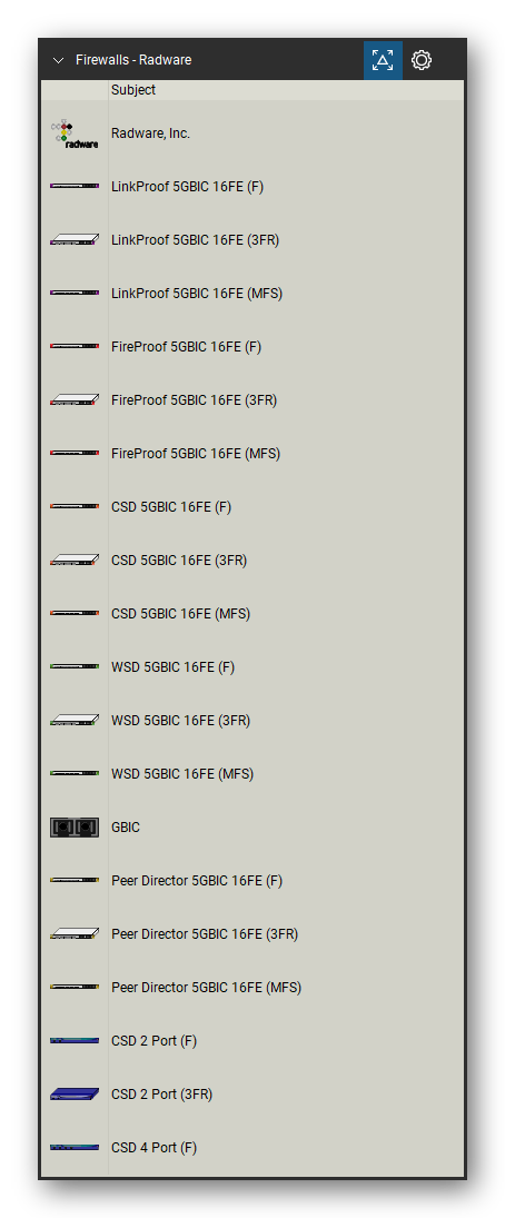 Firewalls & Security Appliances tool set for Bluebeam Revu, Radware set (tools 1-20 of 51) - 20 views of 14 devices, front and isometric: Radware, Inc., LinkProof 5GBIC 16FE, LinkProof 5GBIC 16FE (MFS), FireProof 5GBIC 16FE, FireProof 5GBIC 16FE (MFS), CSD 5GBIC 16FE, CSD 5GBIC 16FE (MFS), WSD 5GBIC 16FE, WSD 5GBIC 16FE (MFS), GBIC and 4 more. Tool Chest in Detail view, one row per tool with its name.