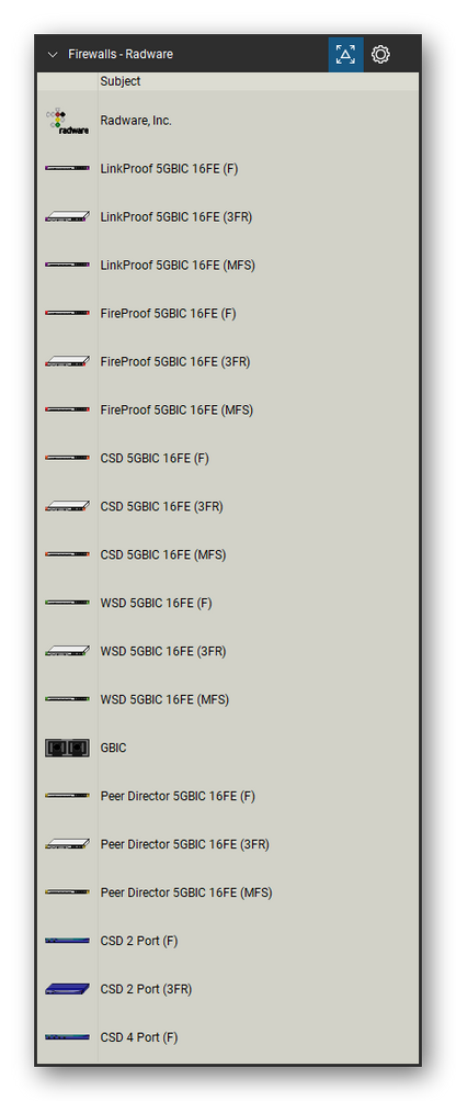 Firewalls & Security Appliances tool set for Bluebeam Revu, Radware set (tools 1-20 of 51) - 20 views of 14 devices, front and isometric: Radware, Inc., LinkProof 5GBIC 16FE, LinkProof 5GBIC 16FE (MFS), FireProof 5GBIC 16FE, FireProof 5GBIC 16FE (MFS), CSD 5GBIC 16FE, CSD 5GBIC 16FE (MFS), WSD 5GBIC 16FE, WSD 5GBIC 16FE (MFS), GBIC and 4 more. Tool Chest in Detail view, one row per tool with its name.