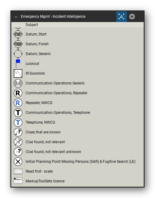 Incident & Emergency Management tool set for Bluebeam Revu, Incident Intelligence set (tools 17-30 of 30) - 14 tools: Datum, Start, Datum, Finish, Datum, Generic, Lookout, IR Downlink, Communication Operations Generic, Communication Operations, Repeater, Repeater, NWCG, Communication Operations, Telephone, Telephone, NWCG and 4 more. Tool Chest in Detail view, one row per tool with its name.