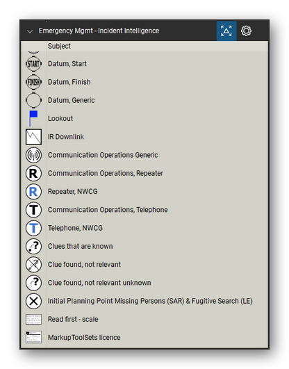 Incident & Emergency Management tool set for Bluebeam Revu, Incident Intelligence set (tools 17-30 of 30) - 14 tools: Datum, Start, Datum, Finish, Datum, Generic, Lookout, IR Downlink, Communication Operations Generic, Communication Operations, Repeater, Repeater, NWCG, Communication Operations, Telephone, Telephone, NWCG and 4 more. Tool Chest in Detail view, one row per tool with its name.