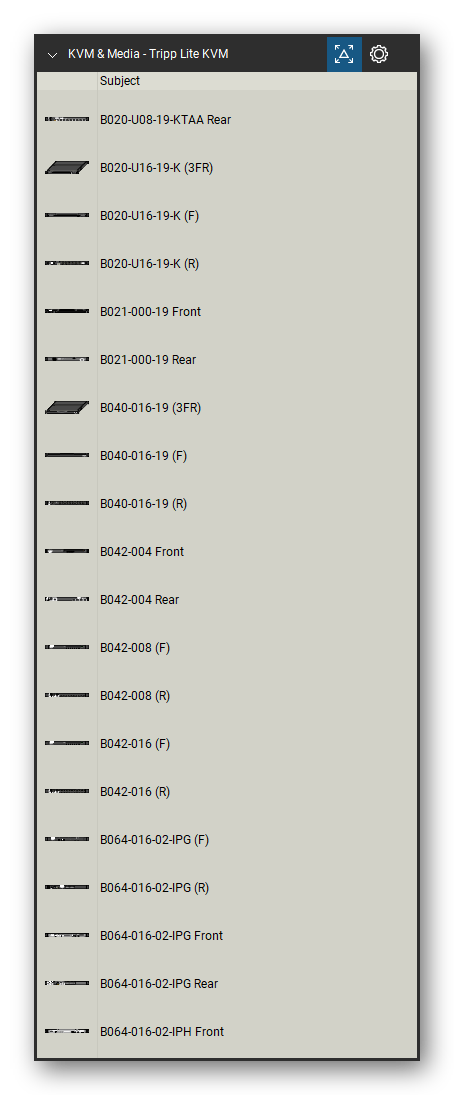KVM, Console Servers & Media Converters tool set for Bluebeam Revu, Tripp Lite KVM set (tools 21-40 of 105) - 20 views of 9 devices, front, rear and isometric: B020-U08-19-KTAA, B020-U16-19-K, B021-000-19, B040-016-19, B042-004, B042-008, B042-016, B064-016-02-IPG and B064-016-02-IPH. Tool Chest in Detail view, one row per tool with its name.
