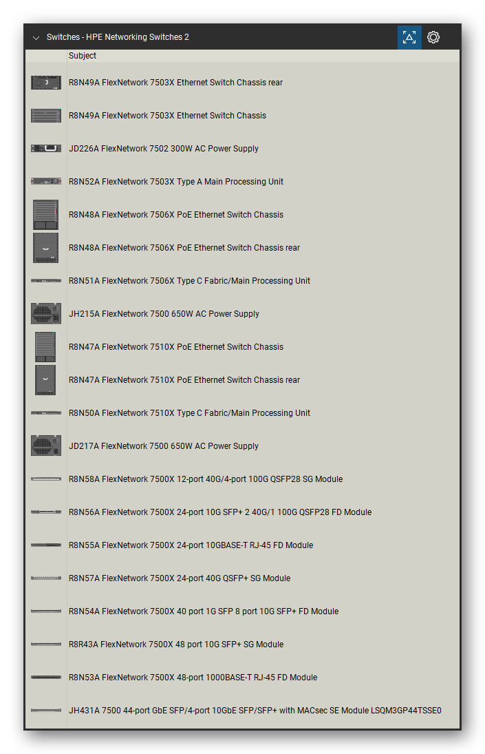 Network Switches & Routers tool set for Bluebeam Revu, HPE Networking Switches 2 set (tools 1-20 of 247) - 20 views of 17 devices, rear: R8N49A FlexNetwork 7503X Ethernet Switch, JD226A FlexNetwork 7502 300W AC Power Supply, R8N52A FlexNetwork 7503X Type A Main, R8N48A FlexNetwork 7506X PoE Ethernet Switch, R8N51A FlexNetwork 7506X Type C Fabric/Main, JH215A FlexNetwork 7500 650W AC Power Supply and more. Tool Chest in Detail view, one row per tool with its name.