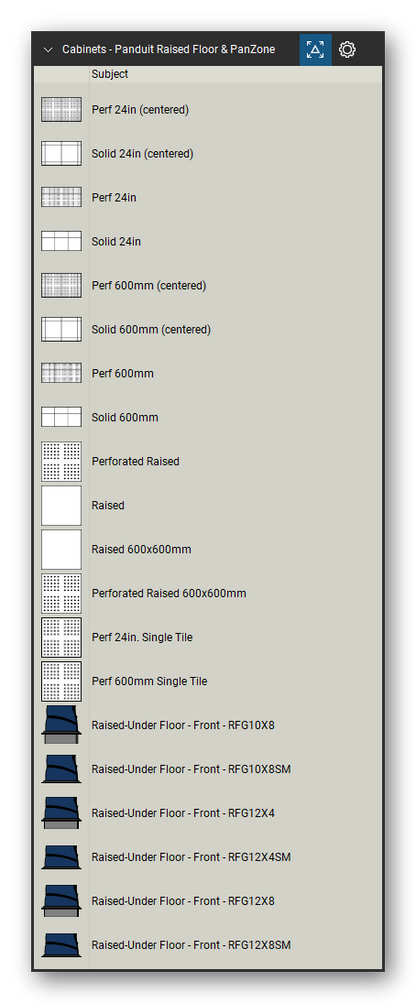 Racks, Cabinets & Cable Pathways tool set for Bluebeam Revu, Panduit Raised Floor & PanZone set (tools 1-20 of 140) - 20 tools: Perf 24in (centered), Solid 24in (centered), Perf 24in, Solid 24in, Perf 600mm (centered), Solid 600mm (centered), Perf 600mm, Solid 600mm, Perforated Raised, Raised and 10 more. Tool Chest in Detail view, one row per tool with its name.