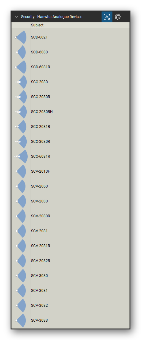 Security & Surveillance tool set for Bluebeam Revu, Hanwha Analogue Devices set (tools 21-40 of 155) - 20 tools: SCD-6021, SCD-6080, SCD-6081R, SCO-2080, SCO-2080R, SCO-2080RH, SCO-2081R, SCO-3080R, SCO-6081R, SCV-2010F and 10 more. Tool Chest in Detail view, one row per tool with its name.