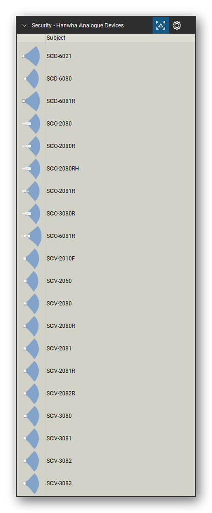 Security & Surveillance tool set for Bluebeam Revu, Hanwha Analogue Devices set (tools 21-40 of 155) - 20 tools: SCD-6021, SCD-6080, SCD-6081R, SCO-2080, SCO-2080R, SCO-2080RH, SCO-2081R, SCO-3080R, SCO-6081R, SCV-2010F and 10 more. Tool Chest in Detail view, one row per tool with its name.