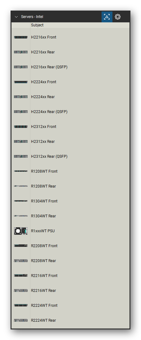 Servers tool set for Bluebeam Revu, Intel set (tools 1-20 of 26) - 20 views of 12 devices, front and rear: H2216xx, H2216xx Rear (QSFP), H2224xx, H2224xx Rear (QSFP), H2312xx, H2312xx Rear (QSFP), R1208WT, R1304WT, R1xxxWT PSU, R2208WT and 2 more. Tool Chest in Detail view, one row per tool with its name.
