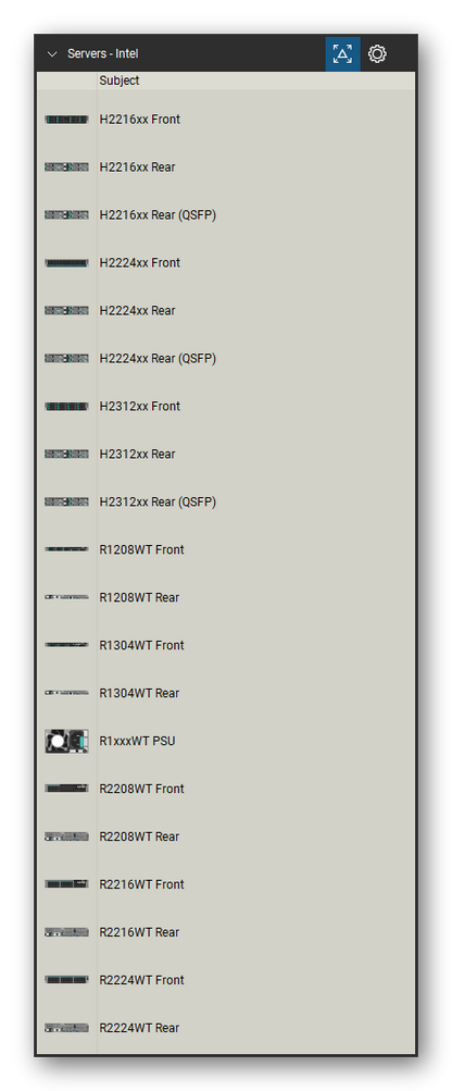 Servers tool set for Bluebeam Revu, Intel set (tools 1-20 of 26) - 20 views of 12 devices, front and rear: H2216xx, H2216xx Rear (QSFP), H2224xx, H2224xx Rear (QSFP), H2312xx, H2312xx Rear (QSFP), R1208WT, R1304WT, R1xxxWT PSU, R2208WT and 2 more. Tool Chest in Detail view, one row per tool with its name.