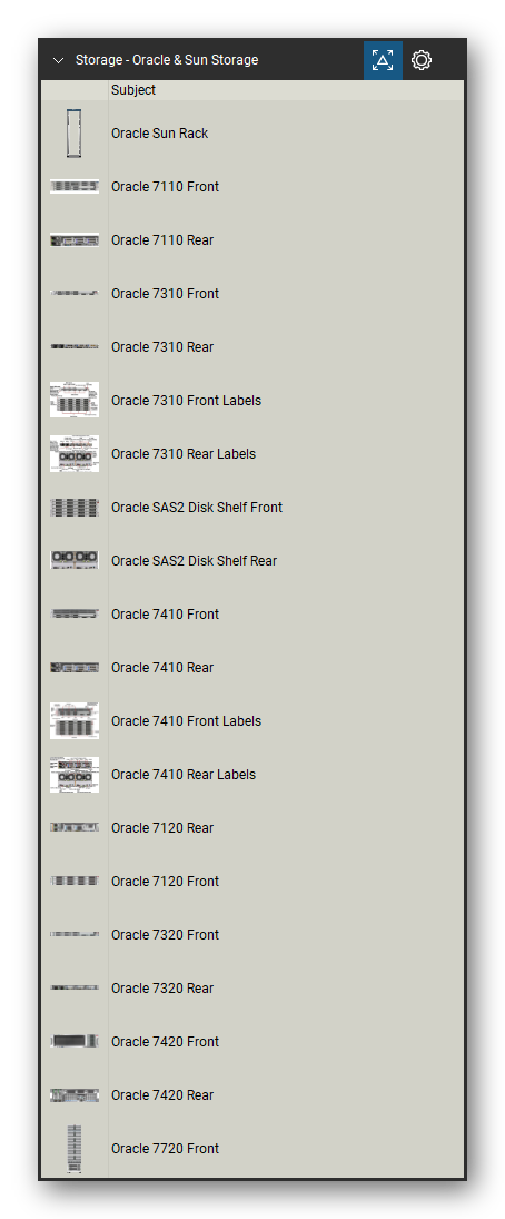 Storage & Backup tool set for Bluebeam Revu, Oracle & Sun Storage set (tools 1-20 of 221) - 20 views of 13 devices, front and rear: Oracle Sun Rack, Oracle 7110, Oracle 7310, Oracle 7310 Front Labels, Oracle 7310 Rear Labels, Oracle SAS2 Disk Shelf, Oracle 7410, Oracle 7410 Front Labels, Oracle 7410 Rear Labels, Oracle 7120 and 3 more. Tool Chest in Detail view, one row per tool with its name.
