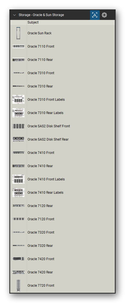 Storage & Backup tool set for Bluebeam Revu, Oracle & Sun Storage set (tools 1-20 of 221) - 20 views of 13 devices, front and rear: Oracle Sun Rack, Oracle 7110, Oracle 7310, Oracle 7310 Front Labels, Oracle 7310 Rear Labels, Oracle SAS2 Disk Shelf, Oracle 7410, Oracle 7410 Front Labels, Oracle 7410 Rear Labels, Oracle 7120 and 3 more. Tool Chest in Detail view, one row per tool with its name.