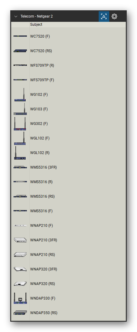 Telecom, Voice & Wireless tool set for Bluebeam Revu, Netgear 2 set (tools 1-20 of 206) - 20 views of 11 devices, front, rear, side and isometric: WC7520, WFS709TP, WG102, WG103, WG302, WGL102, WMS5316, WNAP210, WNAP320, WNDAP330 and 1 more. Tool Chest in Detail view, one row per tool with its name.