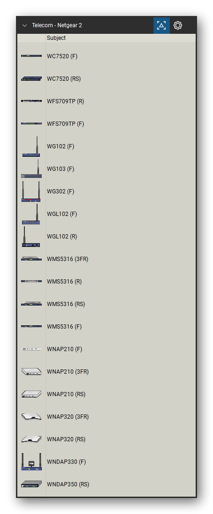 Telecom, Voice & Wireless tool set for Bluebeam Revu, Netgear 2 set (tools 1-20 of 206) - 20 views of 11 devices, front, rear, side and isometric: WC7520, WFS709TP, WG102, WG103, WG302, WGL102, WMS5316, WNAP210, WNAP320, WNDAP330 and 1 more. Tool Chest in Detail view, one row per tool with its name.