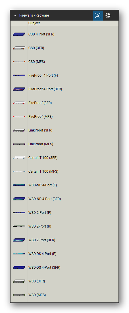 Firewalls & Security Appliances tool set for Bluebeam Revu, Radware set (tools 21-40 of 51) - 20 views of 15 devices, front, rear and isometric: CSD 4 Port, CSD, CSD (MFS), FireProof 4 Port, FireProof, FireProof (MFS), LinkProof, LinkProof (MFS), CertainT 100, CertainT 100 (MFS) and 5 more. Tool Chest in Detail view, one row per tool with its name.