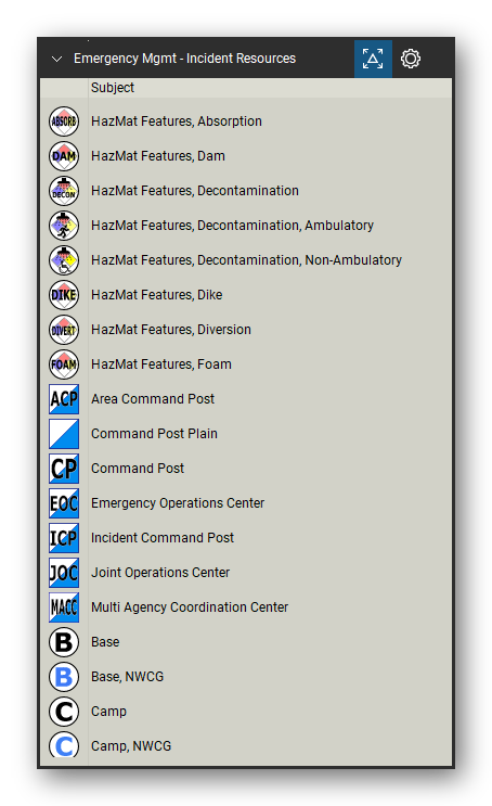 Incident & Emergency Management tool set for Bluebeam Revu, Incident Resources set (tools 1-19 of 74) - 19 tools: HazMat Features, Absorption, HazMat Features, Dam, HazMat Features, Decontamination, HazMat Features, Decontamination, Ambulatory, HazMat Features, Dike, HazMat Features, Diversion, HazMat Features, Foam, Area Command Post, Command Post Plain, Command Post and 9 more. Tool Chest in Detail view, one row per tool with its name.