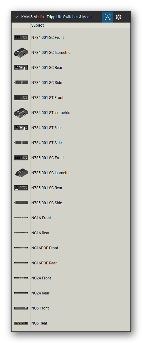 KVM, Console Servers & Media Converters tool set for Bluebeam Revu, Tripp Lite Switches & Media set (tools 1-20 of 54) - 20 views of 7 devices, front, rear, side and isometric: N784-001-SC, N784-001-ST, N785-001-SC, NG16, NG16POE, NG24 and NG5. Tool Chest in Detail view, one row per tool with its name.