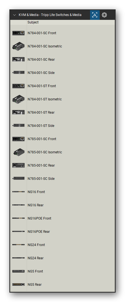 KVM, Console Servers & Media Converters tool set for Bluebeam Revu, Tripp Lite Switches & Media set (tools 1-20 of 54) - 20 views of 7 devices, front, rear, side and isometric: N784-001-SC, N784-001-ST, N785-001-SC, NG16, NG16POE, NG24 and NG5. Tool Chest in Detail view, one row per tool with its name.
