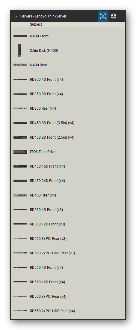 Servers tool set for Bluebeam Revu, Lenovo ThinkServer set (tools 1-20 of 78) - 20 views of 19 devices, front and rear: N400, 2.5in Disk (N400), RD350 4D Front (v4), RD350 8D Front (v4), RD350 Rear (v4), RD450 8D Front (3.5in) (v4), RD450 8D Front (2.5in) (v4), LTO6 Tape Drive, RD450 16D Front (v4), RD450 24D Front (v4) and 9 more. Tool Chest in Detail view, one row per tool with its name.