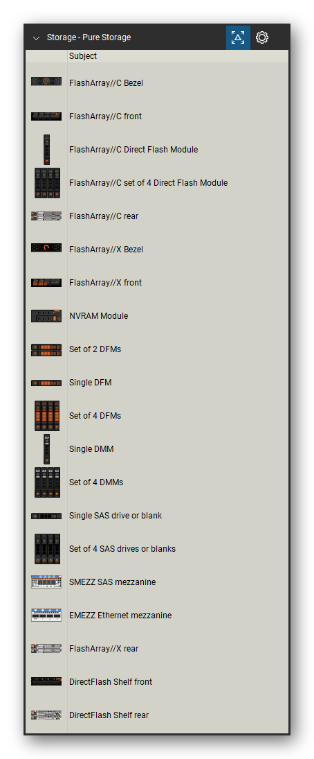 Storage & Backup tool set for Bluebeam Revu, Pure Storage set (tools 1-20 of 59) - 20 views of 17 devices, front and rear: FlashArray//C Bezel, FlashArray//C, FlashArray//C Direct Flash Module, FlashArray//C set of 4 Direct Flash Module, FlashArray//X Bezel, FlashArray//X, NVRAM Module, Set of 2 DFMs, Single DFM, Set of 4 DFMs and 7 more. Tool Chest in Detail view, one row per tool with its name.