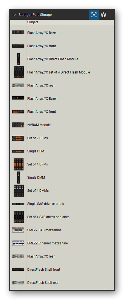 Storage & Backup tool set for Bluebeam Revu, Pure Storage set (tools 1-20 of 59) - 20 views of 17 devices, front and rear: FlashArray//C Bezel, FlashArray//C, FlashArray//C Direct Flash Module, FlashArray//C set of 4 Direct Flash Module, FlashArray//X Bezel, FlashArray//X, NVRAM Module, Set of 2 DFMs, Single DFM, Set of 4 DFMs and 7 more. Tool Chest in Detail view, one row per tool with its name.