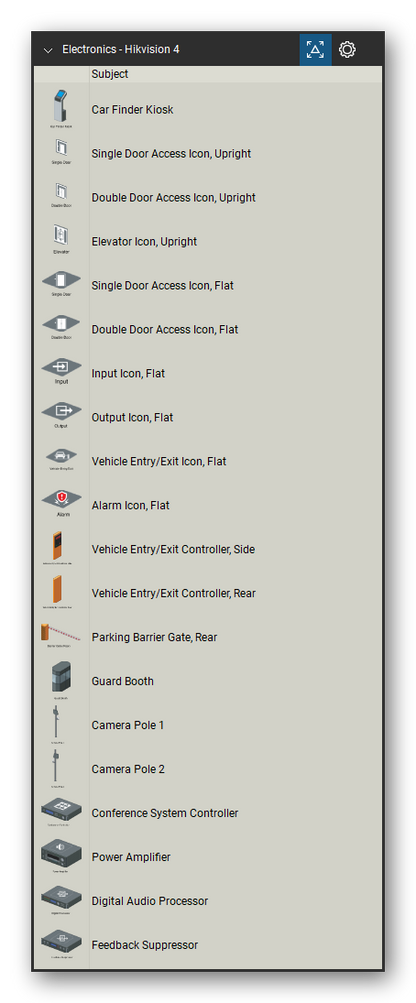 Automation & Electronics tool set for Bluebeam Revu, Hikvision 4 set (tools 1-20 of 186) - 20 views of 19 devices, rear and side: Car Finder Kiosk, Single Door Access Icon, Upright, Double Door Access Icon, Upright, Elevator Icon, Upright, Single Door Access Icon, Flat, Double Door Access Icon, Flat, Input Icon, Flat, Output Icon, Flat, Vehicle Entry/Exit Icon, Flat, Alarm Icon, Flat and 9 more. Tool Chest in Detail view, one row per tool with its name.
