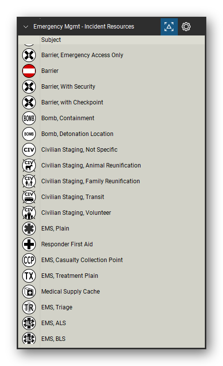 Incident & Emergency Management tool set for Bluebeam Revu, Incident Resources set (tools 20-38 of 74) - 19 tools: Barrier, Emergency Access Only, Barrier, Barrier, With Security, Barrier, with Checkpoint, Bomb, Containment, Bomb, Detonation Location, Civilian Staging, Not Specific, Civilian Staging, Animal Reunification, Civilian Staging, Family Reunification, Civilian Staging, Transit and 9 more. Tool Chest in Detail view, one row per tool with its name.