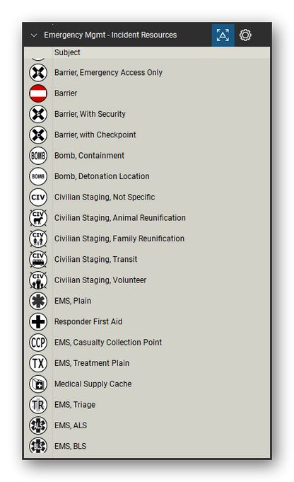 Incident & Emergency Management tool set for Bluebeam Revu, Incident Resources set (tools 20-38 of 74) - 19 tools: Barrier, Emergency Access Only, Barrier, Barrier, With Security, Barrier, with Checkpoint, Bomb, Containment, Bomb, Detonation Location, Civilian Staging, Not Specific, Civilian Staging, Animal Reunification, Civilian Staging, Family Reunification, Civilian Staging, Transit and 9 more. Tool Chest in Detail view, one row per tool with its name.