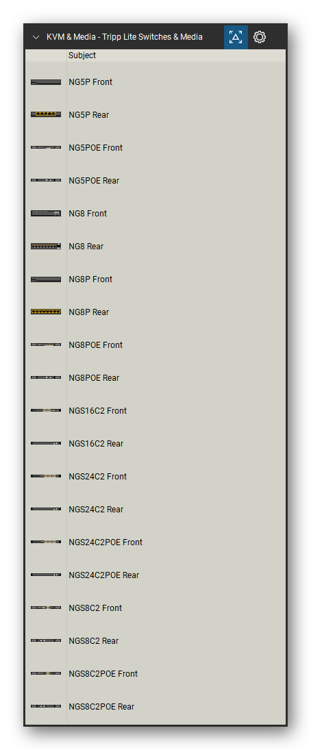 KVM, Console Servers & Media Converters tool set for Bluebeam Revu, Tripp Lite Switches & Media set (tools 21-40 of 54) - 20 views of 10 devices, front and rear: NG5P, NG5POE, NG8, NG8P, NG8POE, NGS16C2, NGS24C2, NGS24C2POE, NGS8C2 and NGS8C2POE. Tool Chest in Detail view, one row per tool with its name.